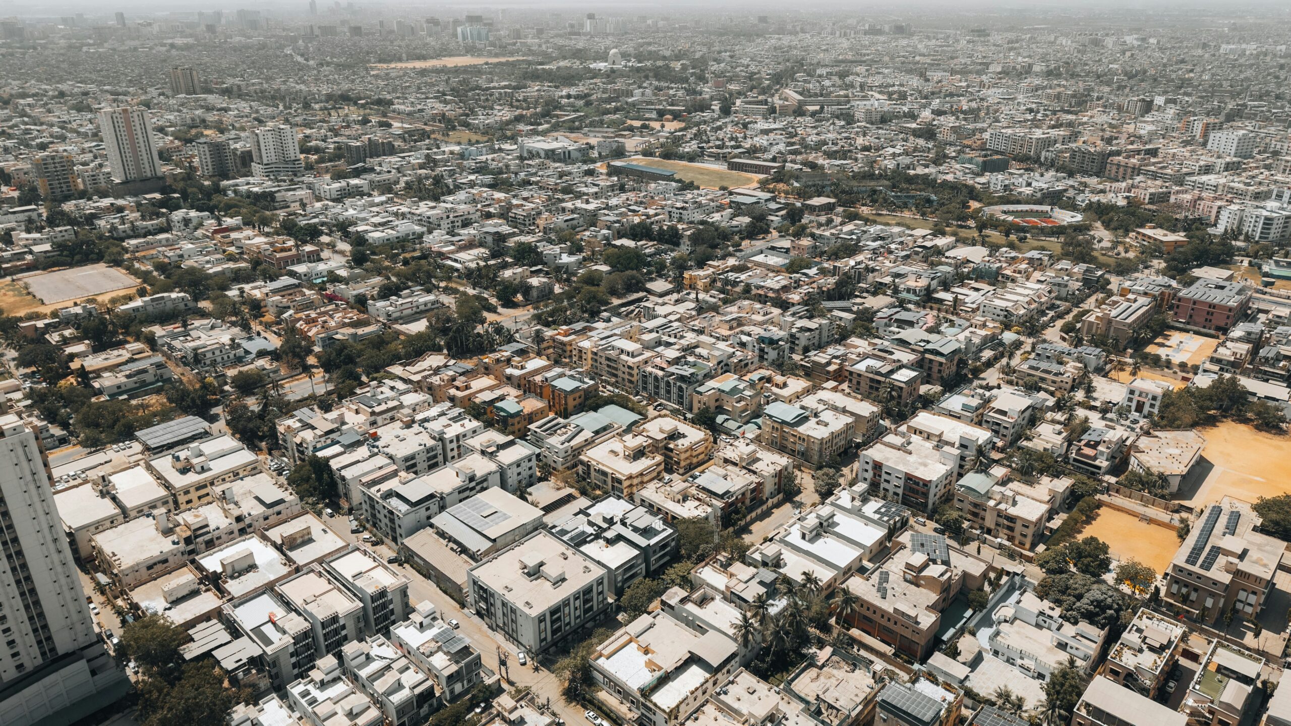 Aerial view of Karachi with Mazar-e-Quaid visible on the skyline, southern Pakistan