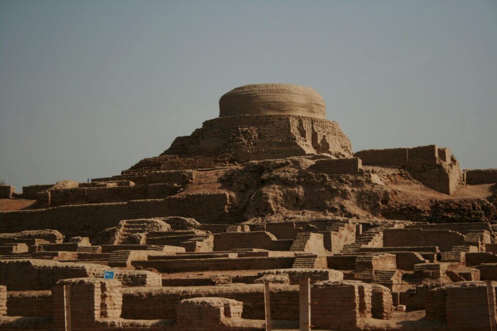 Brick ruins and street grid of Mohenjo-daro, the Indus Valley Civilisation site in Sindh, Pakistan